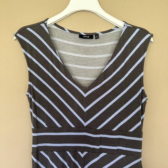 Blue Gray Maxi Dress Women M Casual Stretch Stripe Comfy High Waist V neck - Picture 3 of 7